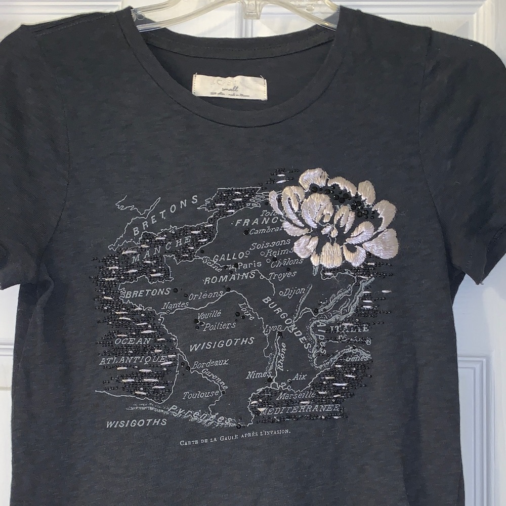 J.Crew Embellished Map Graphic Tee with Floral and Bead Accents